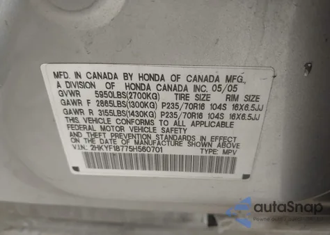 2005 Honda Pilot Ex-L z USA, uszkodzony, nr VIN 2HKYF18775H560701